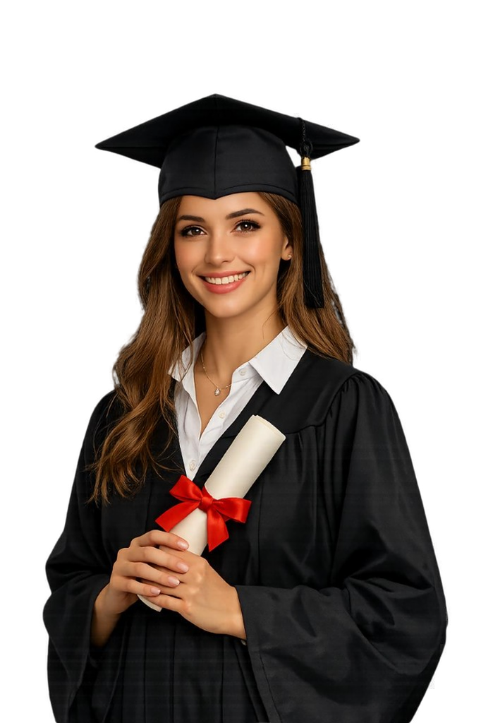 Graduate in cap and gown holding a diploma